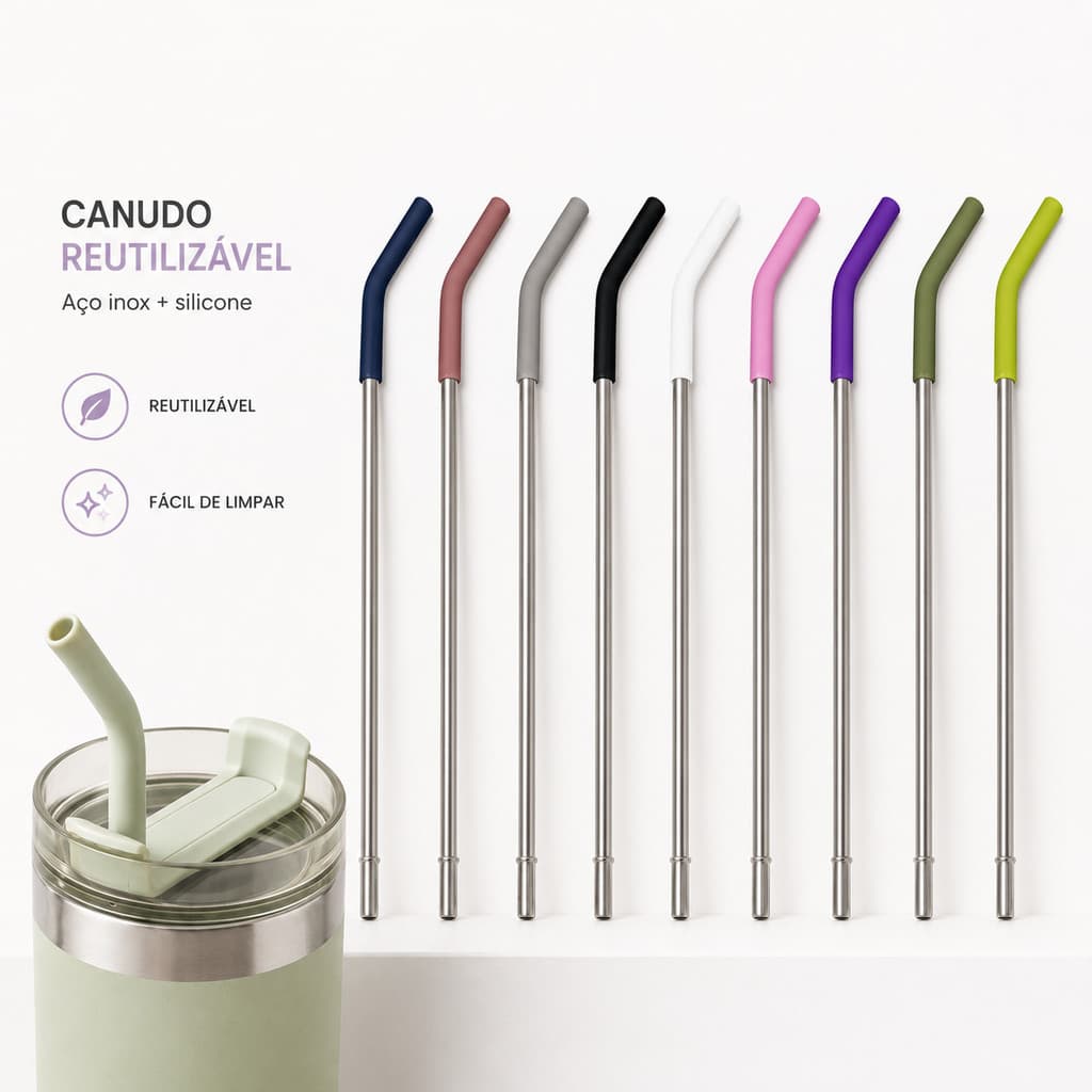 Canudo Inox com Bico de Silicone Colorido para Copo Térmico Garrafa Aço Inoxidável