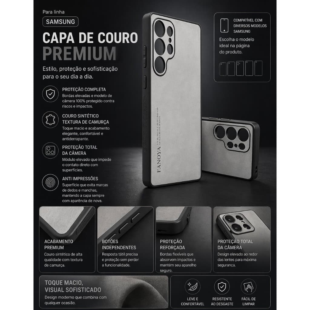Capa De Couro De Luxo Cinza Para Samsung Galaxy S24 ULTRA/S25 ULTRA/S24 FE/S25 FE/A15/A55/A17/A07/A06/A16/A36/A56