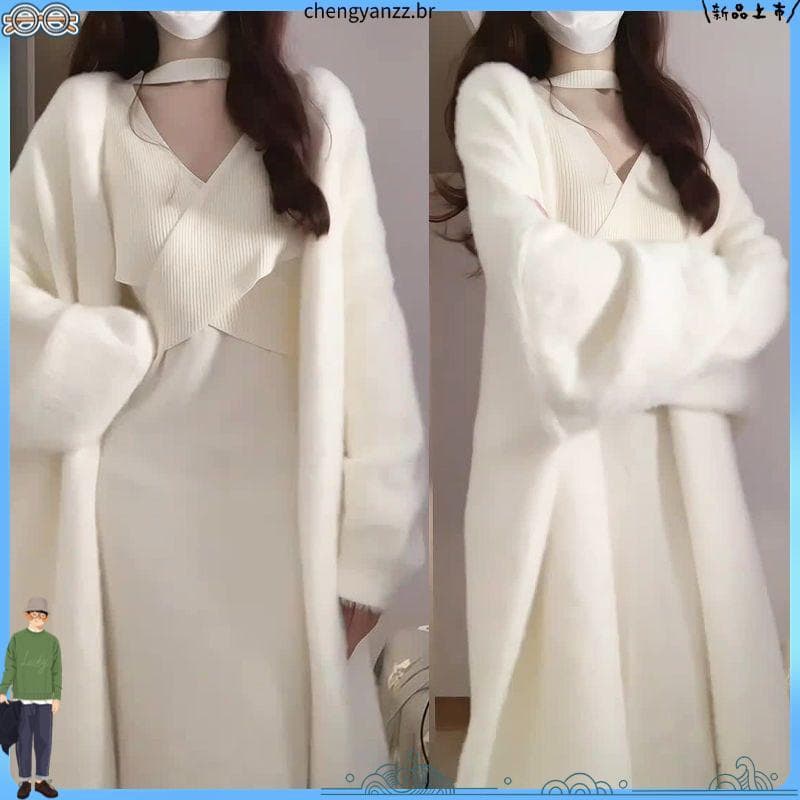 2025 outono inverno estilo suave temperamento preguiçoso malha Cardigan Bottoming creme interno ceroso vestido branco te
