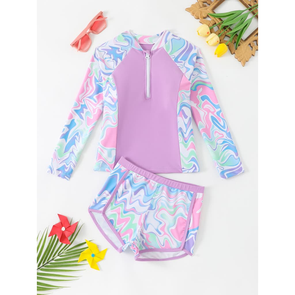 Meninas Conjuntos De Maiô Crianças Impressão Roupa De Banho Verão Manga Longa Proteção Solar Beachwear Criança Dividir R