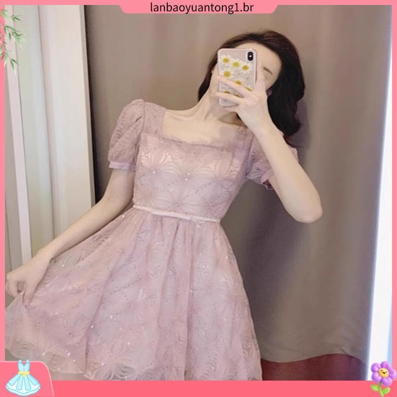 Vestido de manga curta de gaze de lantejoulas estilo suave Super fada estilo Mori versão coreana fresca com cadarço dopa