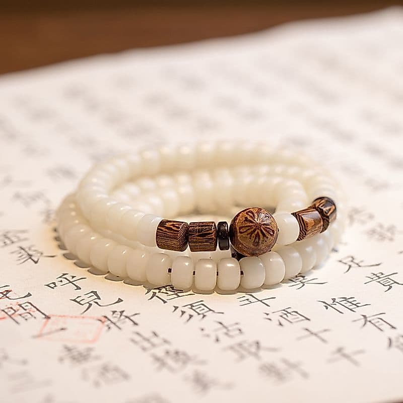 Pulseira e Colar de Casal Feminino com 108 Contas Budistas de Raiz de Bodhi Branca de Alta Densidade, Estilo Artístico R