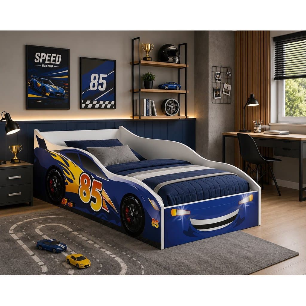 Cama Infantil Carro Relâmpago McQueen Azul Com Colchão Juvenil MDF Grade Proteção Quarto Temático Luxo