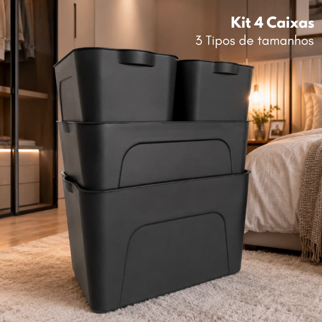 Kit Jogo 4 Caixas Organizadoras C/Tampa 9L 18L 31 Litros Brinquedos Escritório Roupa Livro