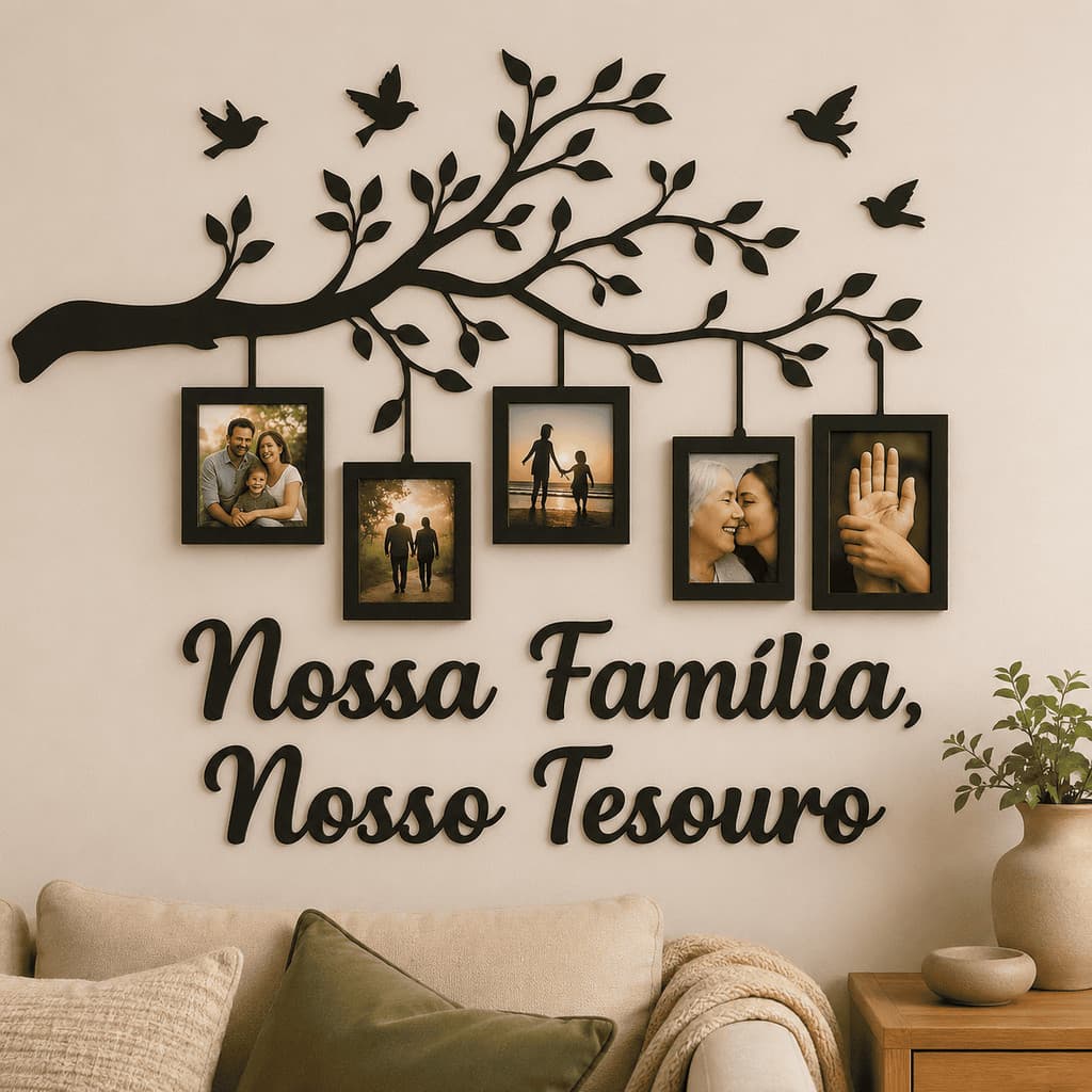 Painel Decorativo Nossa Família Nosso Tesouro com Árvore Pássaros e 5 Porta Retratos em MDF