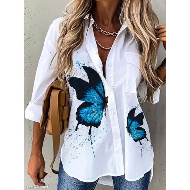 Blusa Elegante Feminina de Manga Longa com Estampa de Borboleta, Botões, Casual, Moda Social, Tamanho Plus 5-5X