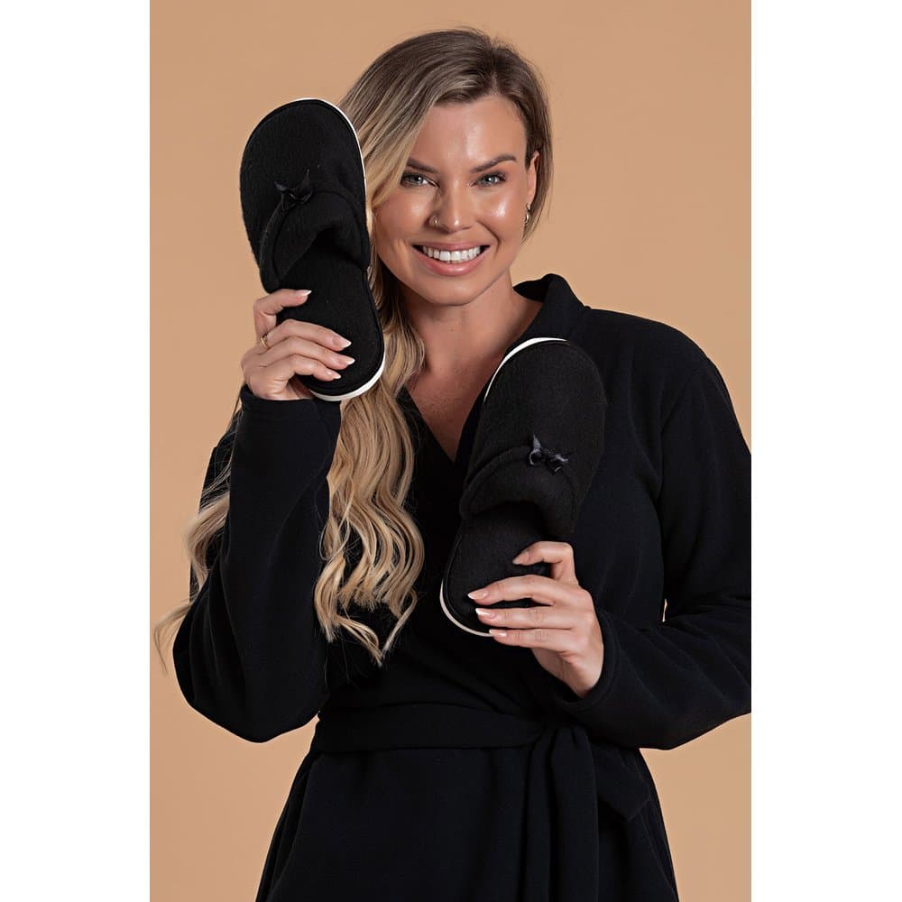 Kit Roupão Inverno Adulto Feminino Soft Preto + Pantufa Confortável Feminino Soft Preto