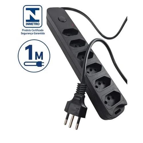 Filtro de Linha Régua 6 Tomadas Cabo 1 Metros de fio Fusível 127v-220v