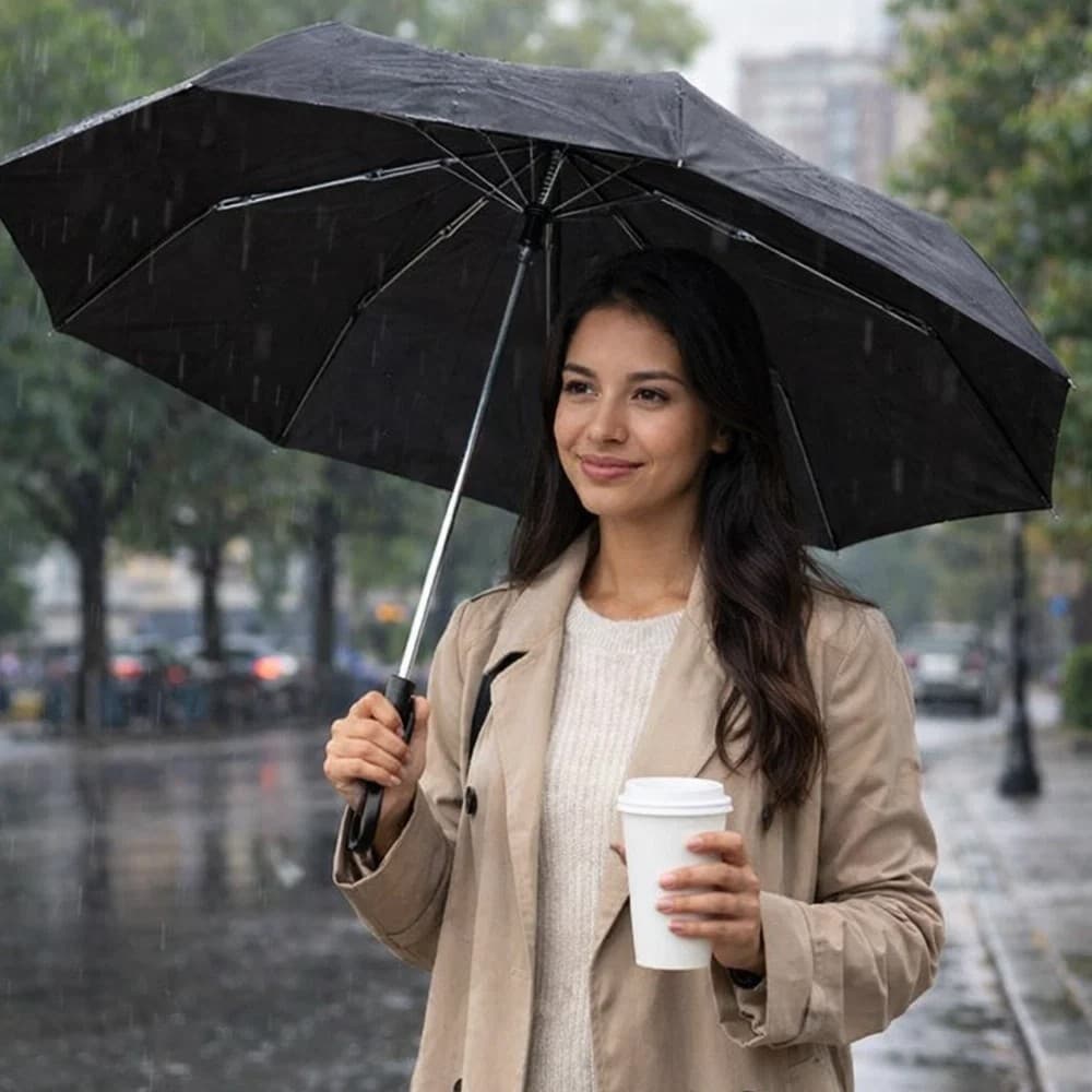 Guarda Chuva Dobrável Compacto Preto Resistente Leve Prático Fácil Transporte Proteção Pessoal