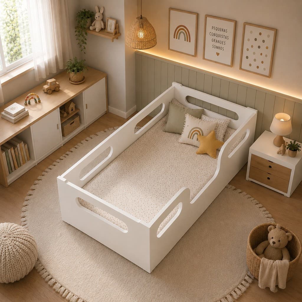 Cama Encanto Juvenil Com Colchão Incluso Menino Menina Branca Montessoriana Compacta Em MDF