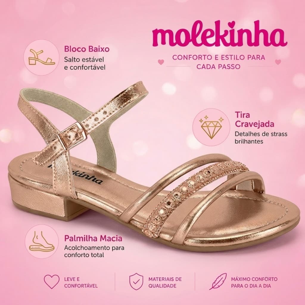 Sandália Menina Molekinha Salto Baixo Ouro Rosado Metalizada Confortável | Lançamento ! | Original Molekinha