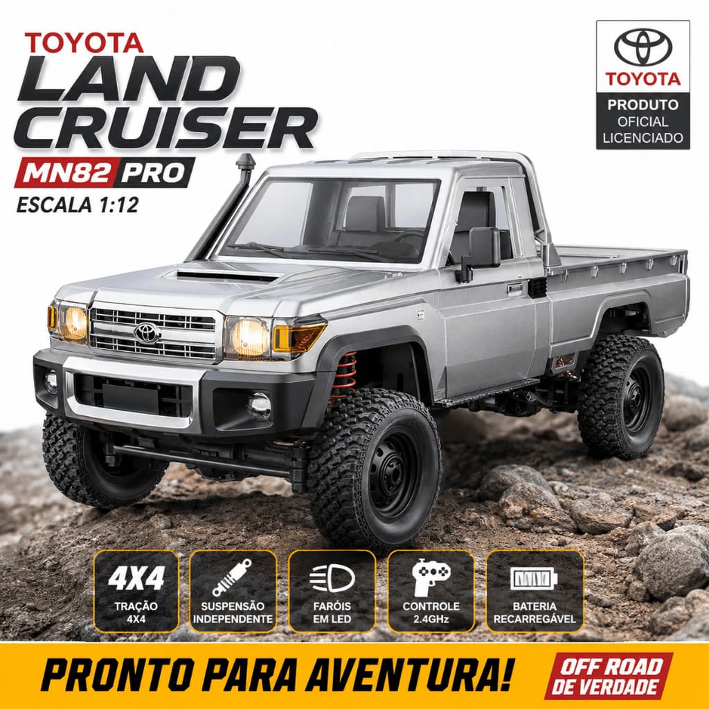 CARRO TOYOTA LAND CRUISER MN82 PRO 4X4 CONTROLE REMOTO RC ESCALA 1:12 COM LED E SUSPENSÃO OFF ROAD