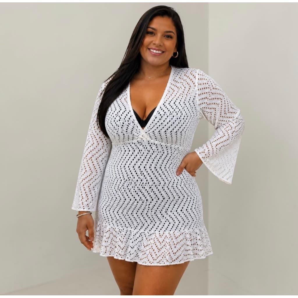 Saída de Praia Plus Size Feminina Roupa de Praia Fashion Manga Longa Laise