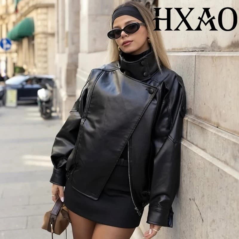 Jaqueta Bomber de Couro Sintético HXAO, Casacos de Meia-Estação para Mulheres, Jaqueta Curta de Motociclista com Botões