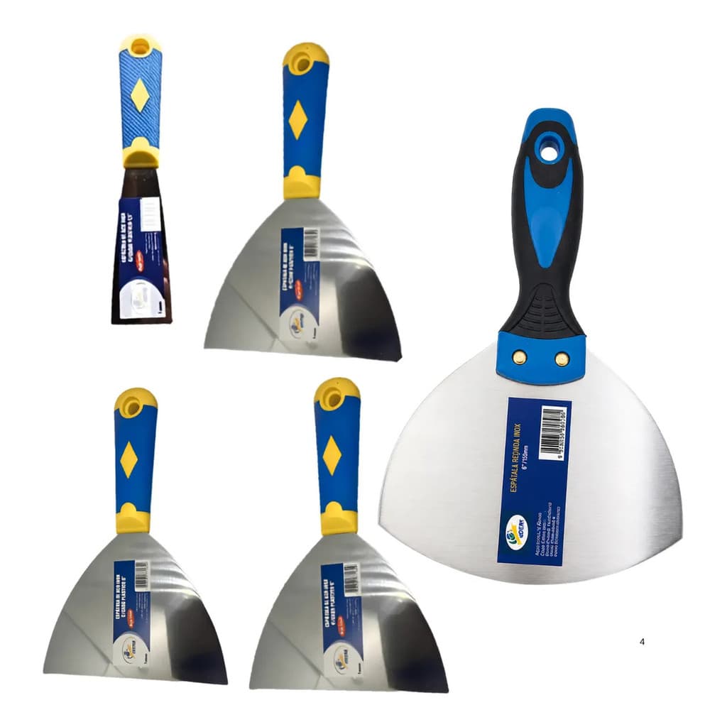 Kit 4 Espátulas Aço Inox Para Massa Corrida E Drywall + espatula p/ balde inox