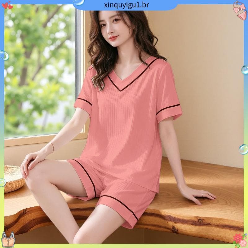 High-End senhoras pijamas verão feminino mais magro olhar luz luxo de manga curta meninas solto verão moda curta casa