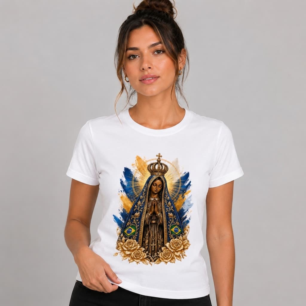 Camiseta Blusa T-shirt Feminina NOSSA SENHORA DE APARECIDA ROSAS DOURADAS 100% Algodão Premium Qualidade e Conforto