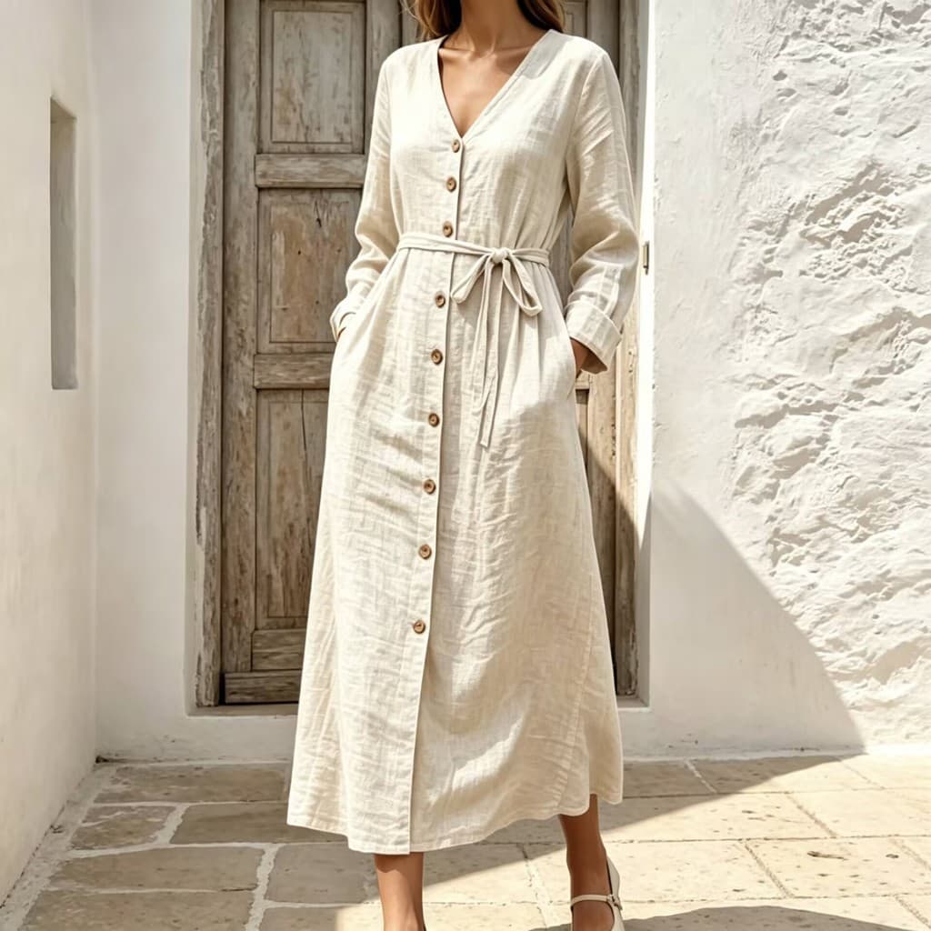 Novo estilo feminino vestido de linho de algodão com decote em V botão cintura estreita manga comprida estilo férias ren
