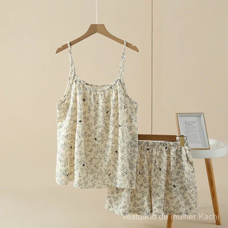 Conjunto de Pijama Feminino 100% Algodão, 2 Peças, Pijama com Alças Finas, Estampa Floral, Roupa de Dormir Feminina