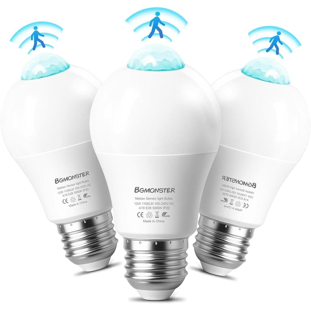 Pacote com 3 Lâmpadas com Sensor de Movimento, 12W (equivalente a 100W), Lâmpada com Detector de Movimento, Acende ao An