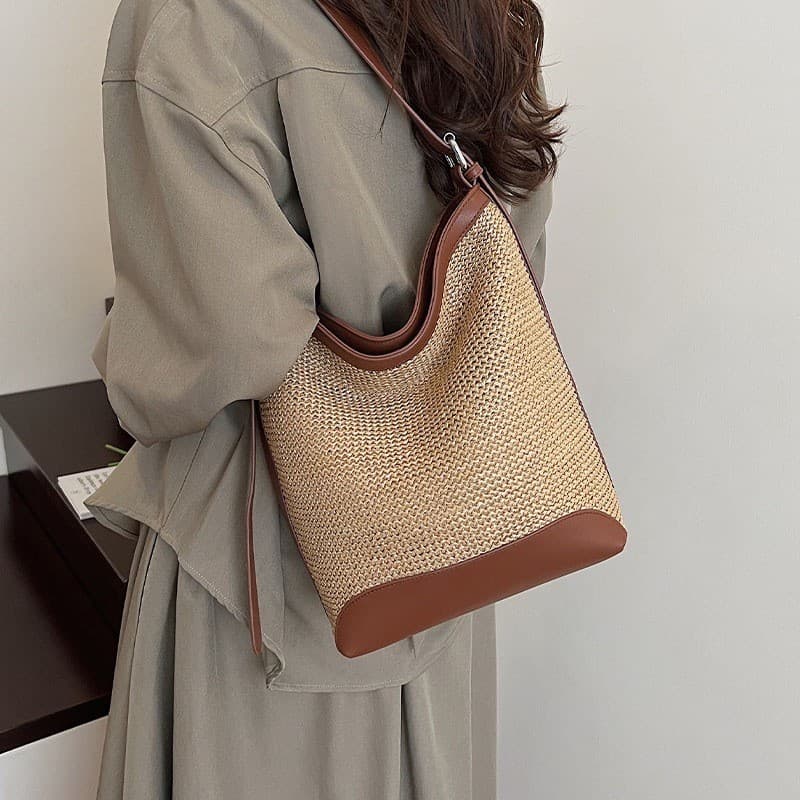 Bolsa Transversal de Palha Versátil 2025, Bolsa de Praia Simples para Férias, Bolsa de Praia Feminina Tecida e Elegante