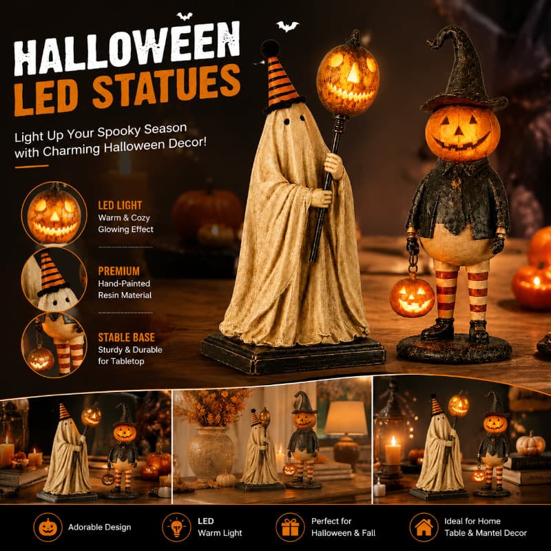 Estátuas De LED De Halloween-Fantasma Com Equipe De Abóbora E Cabeça , Estatuetas Iluminadas De Bruxa , Lâmpada Assustad
