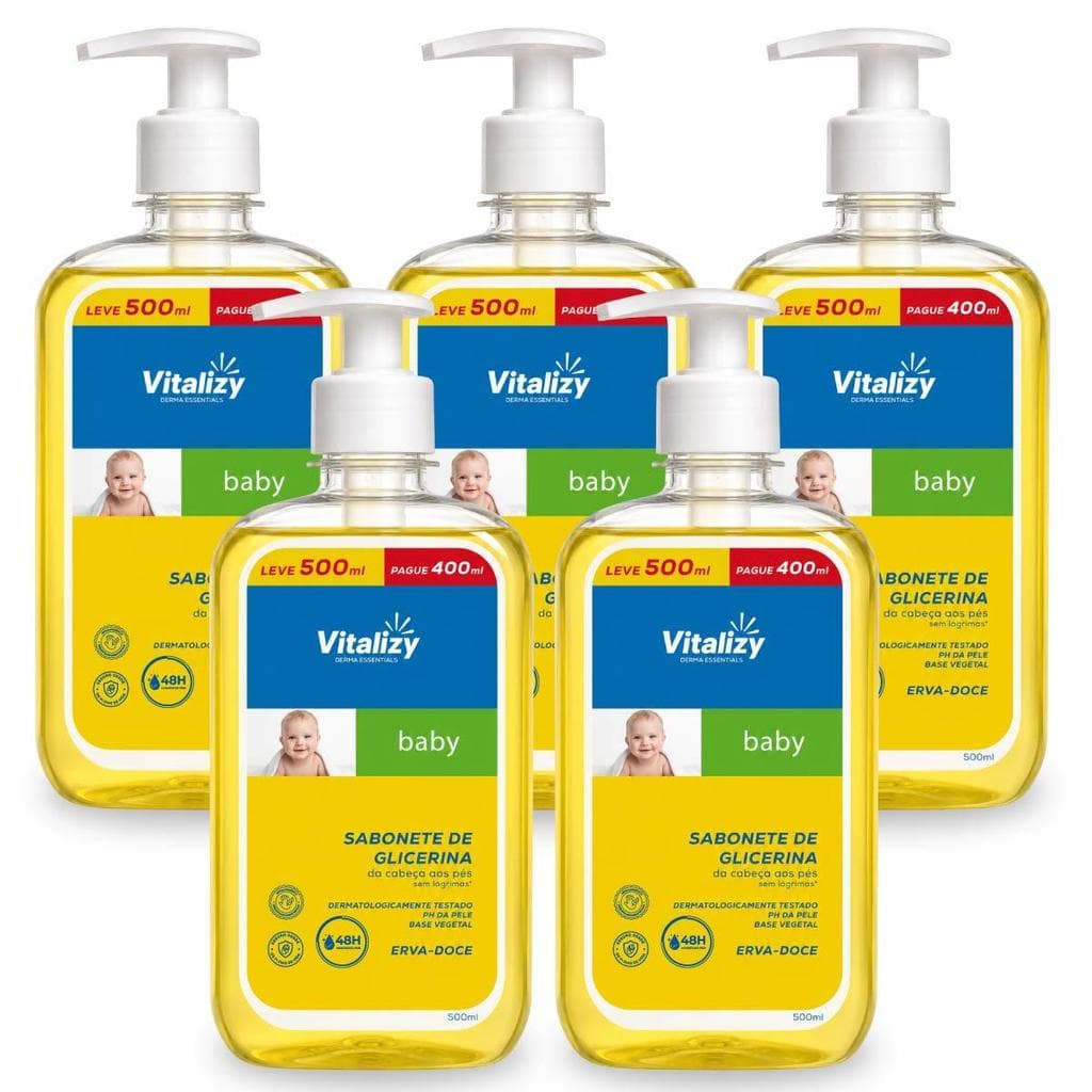Kit 5x500ml Sabonete Líquido Bebê Glicerina Sem Lágrimas Erva-Doce Dermatologicamente Testado Base Vegetal Vitalizy