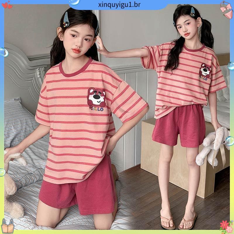 Conjunto de pijamas listrados para meninas de manga curta de algodão puro verão médio grande crianças roupas de ar condi