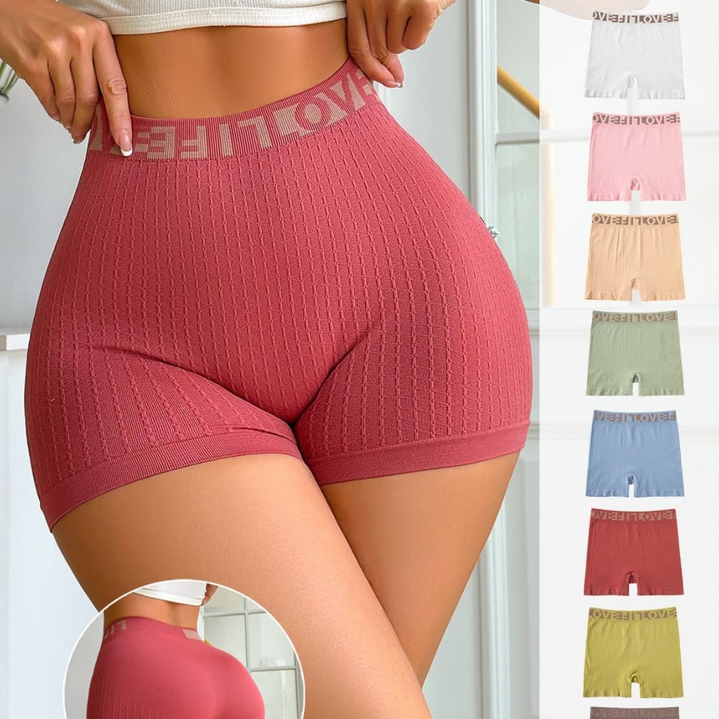 Shorts esportivos de cintura alta com design de letras em tricô, shorts boxer femininos casuais e elegantes.