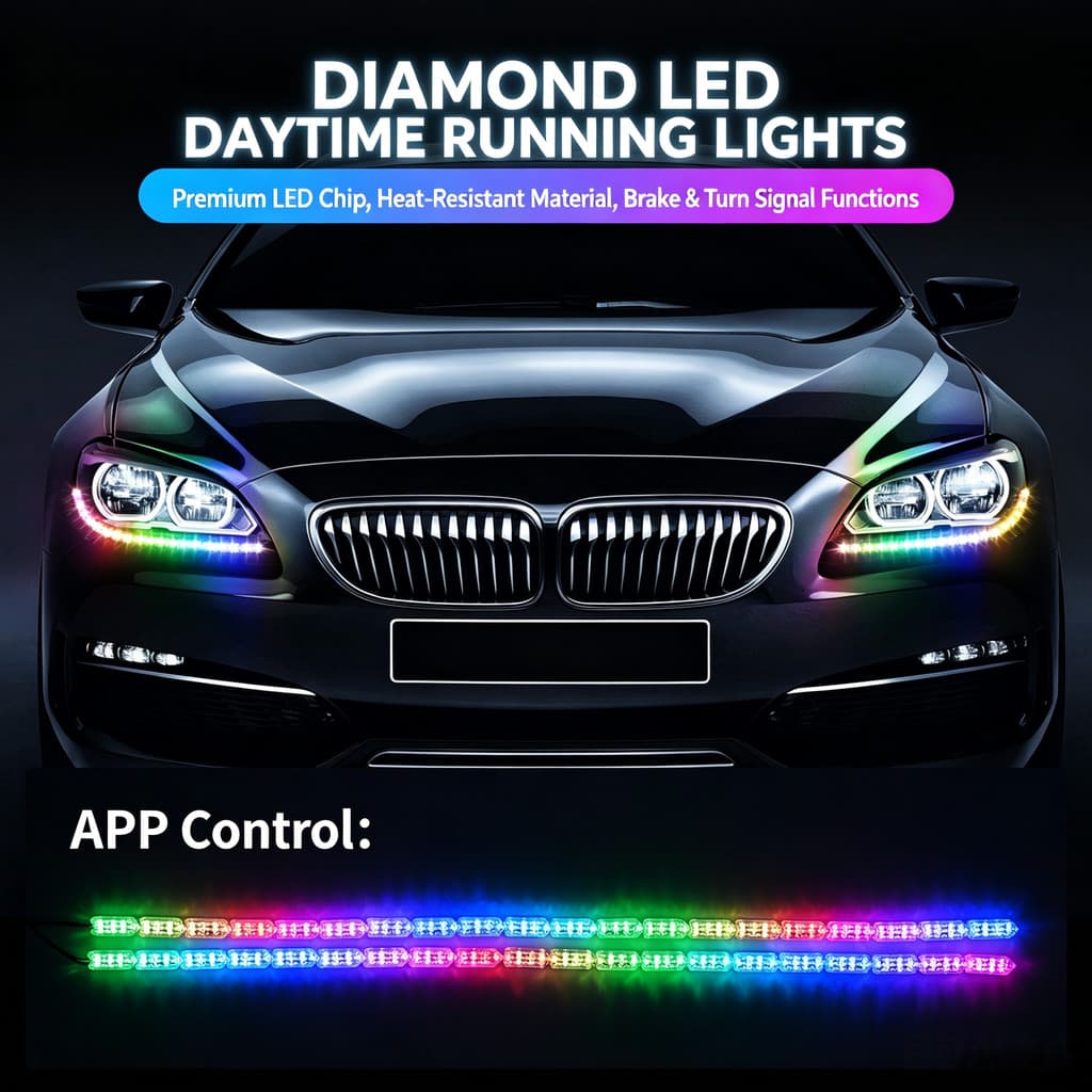 RGB LED Diamante DRL Circulação Diurna APP Controle Fluxo Sequencial Sinal De Volta Strobe Flash Multicolor Farol Do Car