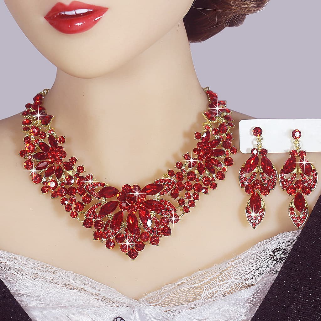 Europeu americano flor colar brincos vestido de casamento cheio diamante cristal vidro completo diamante conjunto jóias