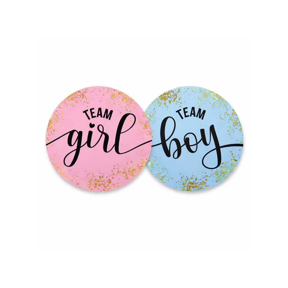 Adesivo Chá Revelação Team Girl Boy Redondo Rolo 50und