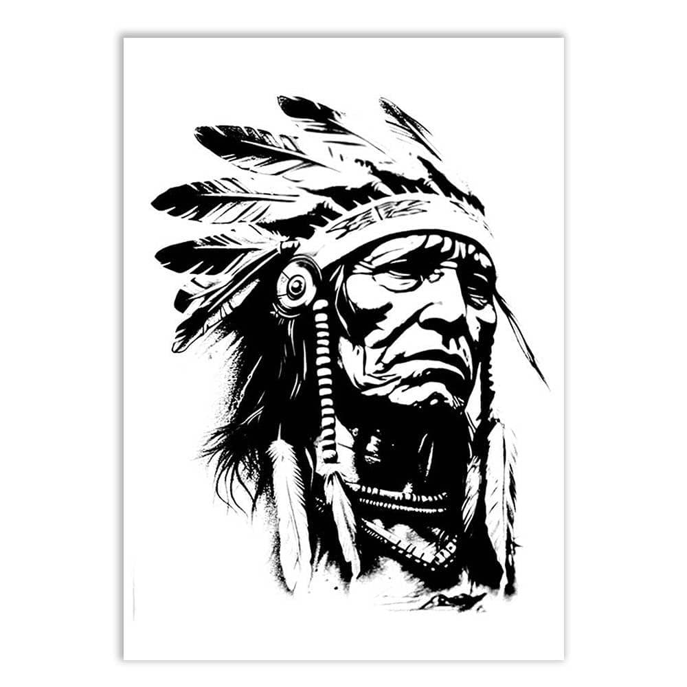Placa Quadro Decorativo Índio Guerreiro Tribal em Preto e Branco Arte Escritório Quadro Decorativo Decoracao Sala Quarto