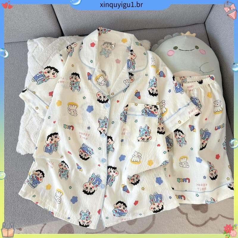 Loja venda quente doce pijamas feminino verão estilo fino nuvem algodão solto Casual Shorts de manga curta primavera out