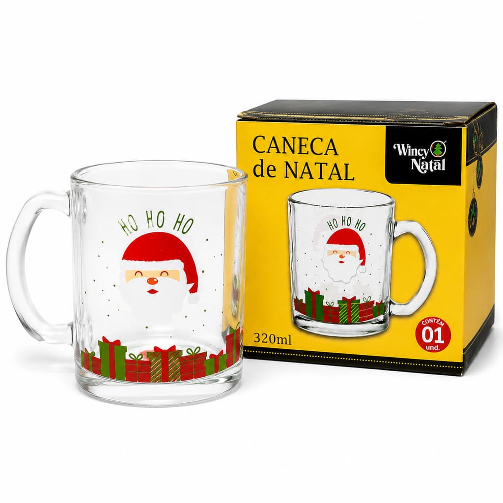 Caneca Xícara De Vidro Natal Papai Noel 320ml Presente Caixa