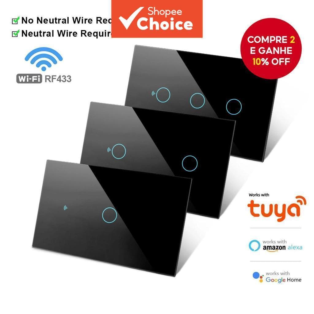 Funciona com o Interruptor Inteligente de Parede WiFi Tuya US RF433 1/2/3/4 Gangues Sem Fio Neutro Interruptores de Luz
