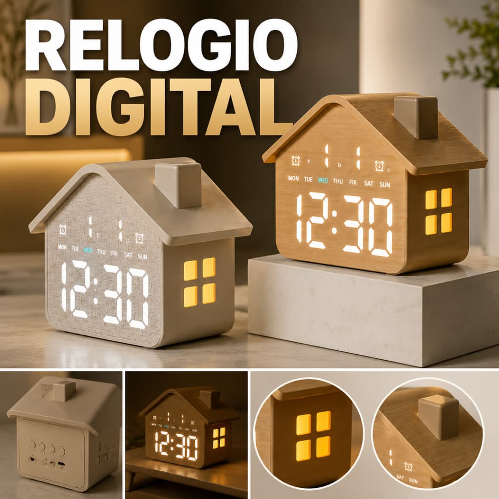Relógio Eletrônico LED Com Despertador Data Temperatura Decoração Luz Noturna Casinha