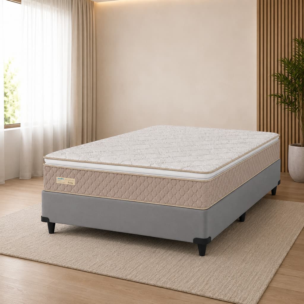 Cama Box Casal 138x188x65cm com Colchão de Molas Ensacadas Pillow Top Umaflex Ávila Bege/Cinza