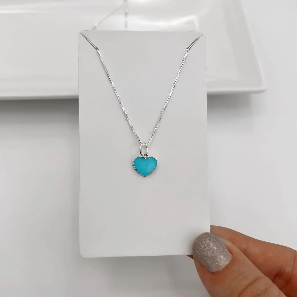 Colar Prata 925 Pingente Coração Azul - Envio Imediato