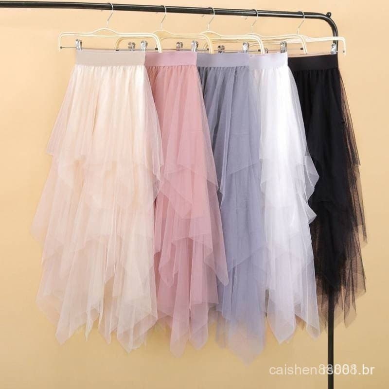 Saia de Tule Plissada de Cintura Alta em Três Camadas, Saia de Comprimento Médio Adequada para Meninas e Mulheres M9F4 W