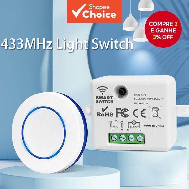 Controle Remoto Sem Fio RF 433MHz Interruptor de Luz 220V 110V 10A Receptor Relé Mini Painel de Botão Redondo