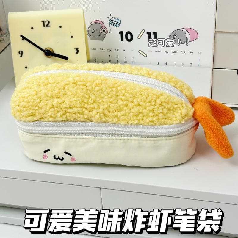 Estojo de pelúcia de camarão frito, nicho fofo de alto valor, bolsa cosmética de grande capacidade, lápis de estudante,