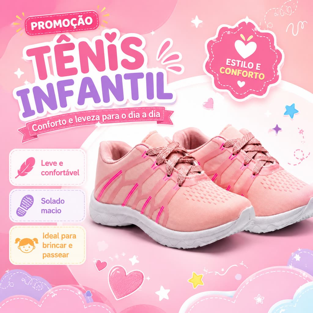 Tênis Infantil Feminino Esportivo Confortável Leve Para Escola Caminhada E Brincadeiras