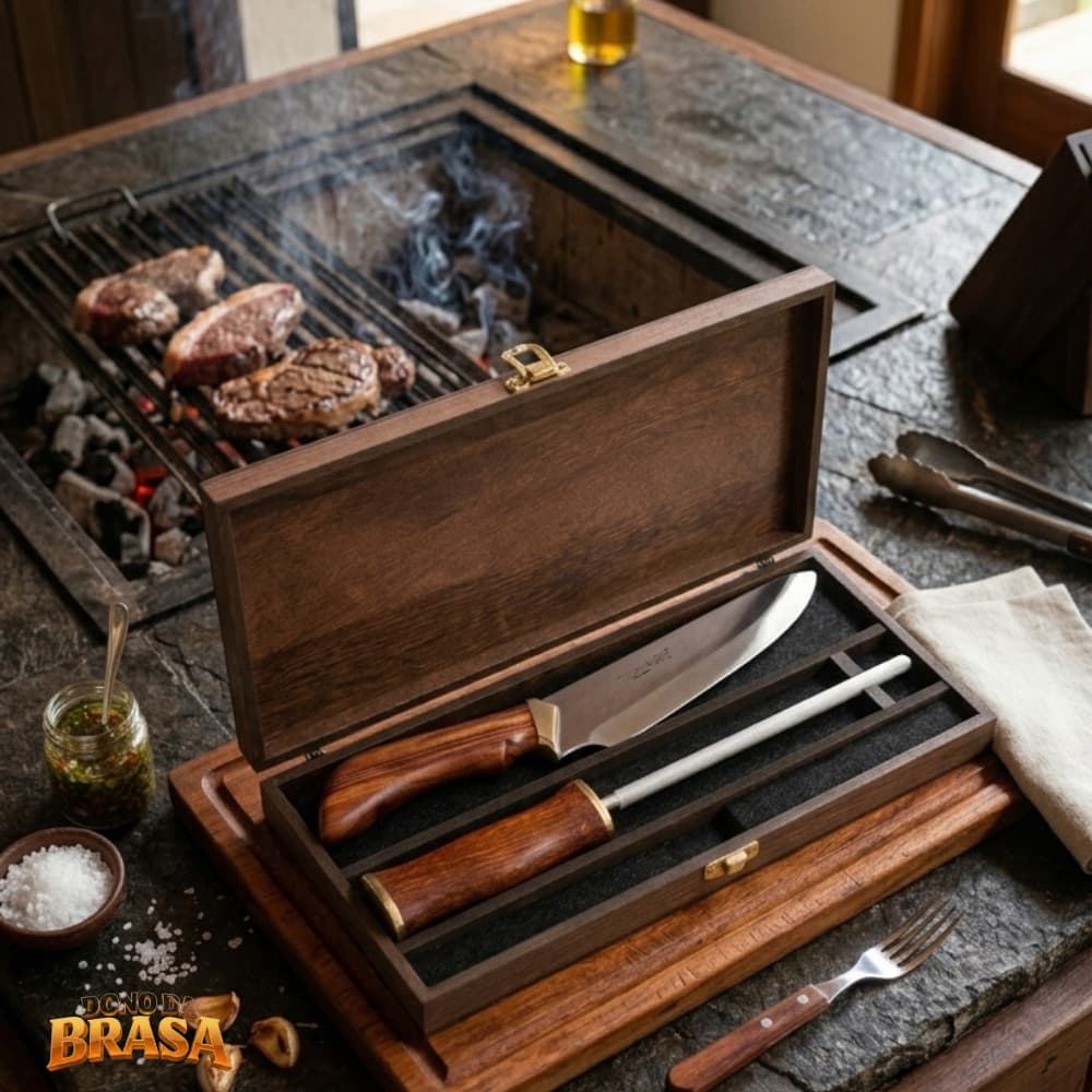 Kit Churrasco Profissional: Faca Artesanal 8" Madeira Nobre + Chaira + Estojo Luxo