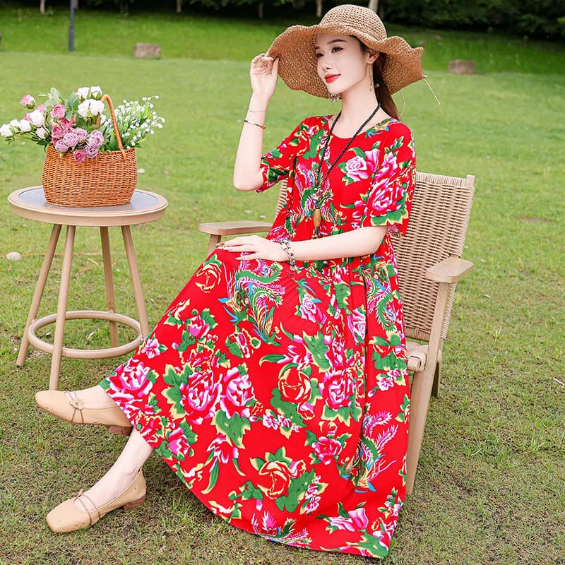 Vestido de seda de algodão feminino verão tamanho grande solto gordura mãe capa barriga mais magro olhar Casual Floral s
