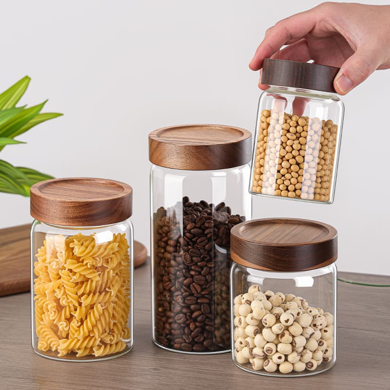 Frasco selado de vidro com alto teor de borosilicato, madeira de acácia, produto comestível, resistente ao calor, resist