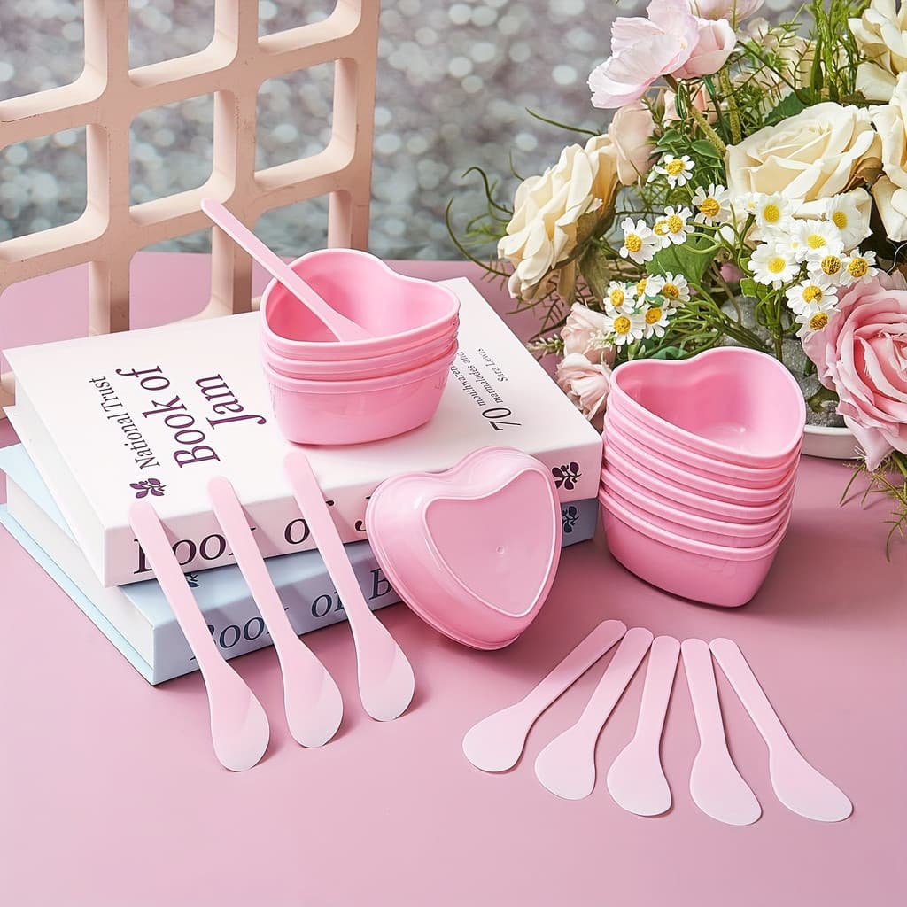 Tigela De Mistura De Máscara Facial Em Forma De Coração Rosa De 6 Peças Com Raspador De Plástico DIY Ferramenta De Cuida