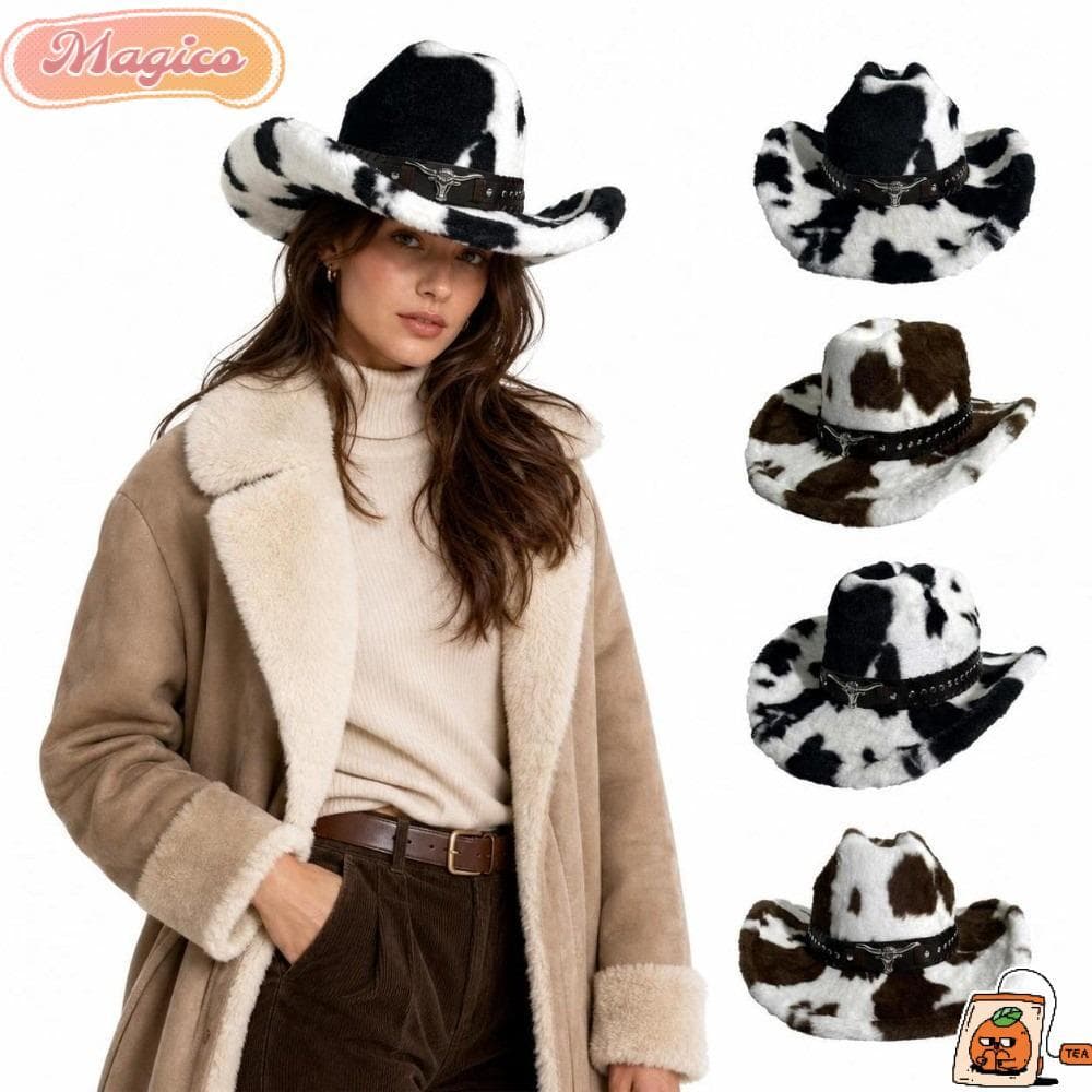 Chapéu De Cowboy MAGICO , Com Estampa De Vaca Alça De Metal Cinto De Rebite Inverno Quente De Pelúcia De Poliéster À Pro