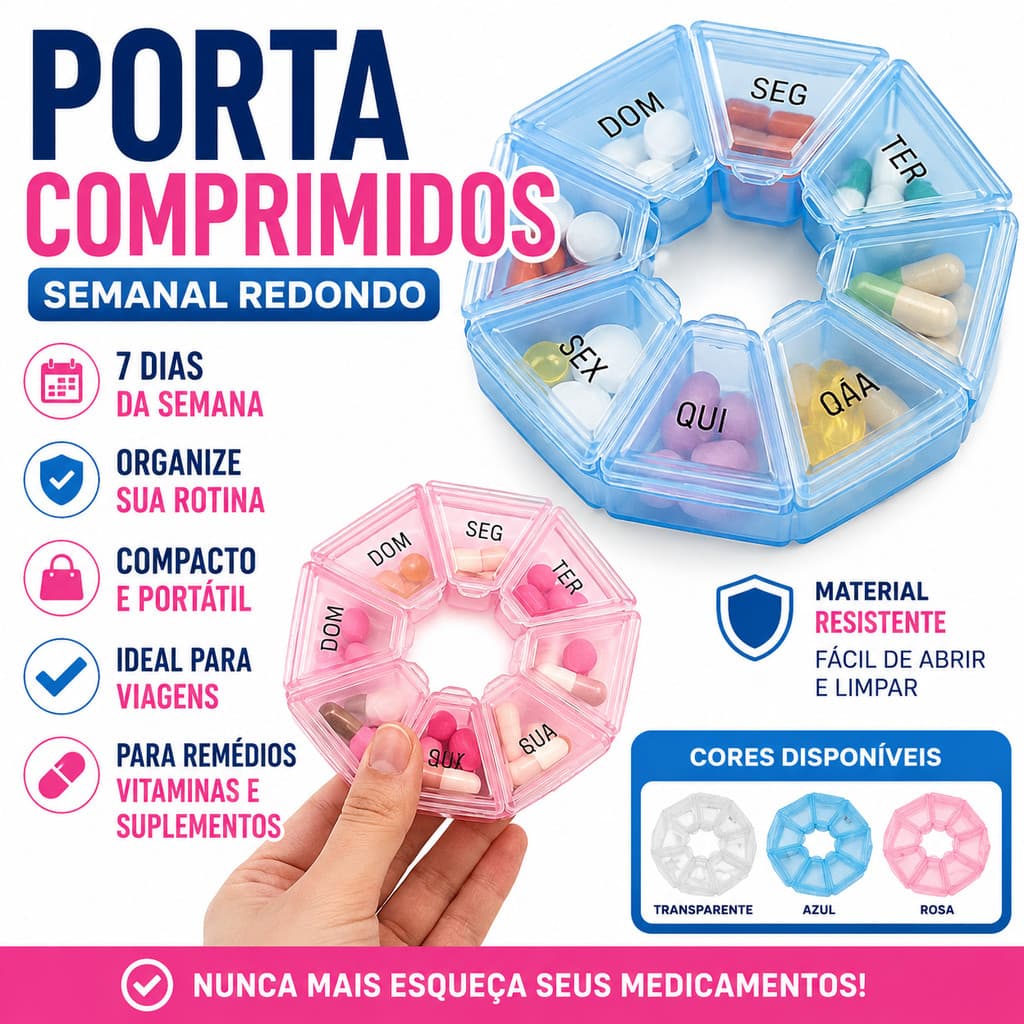 Porta Comprimidos Semanal Redondo 7 Dias Organizador de Remédios Caixa Porta Vitaminas Azul Rosa Transparente