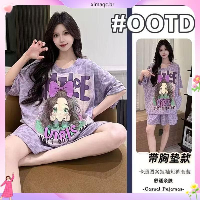 Com almofada no peito nuvem pijamas de algodão feminino verão Shorts de manga curta doce duas peças em torno do pescoço